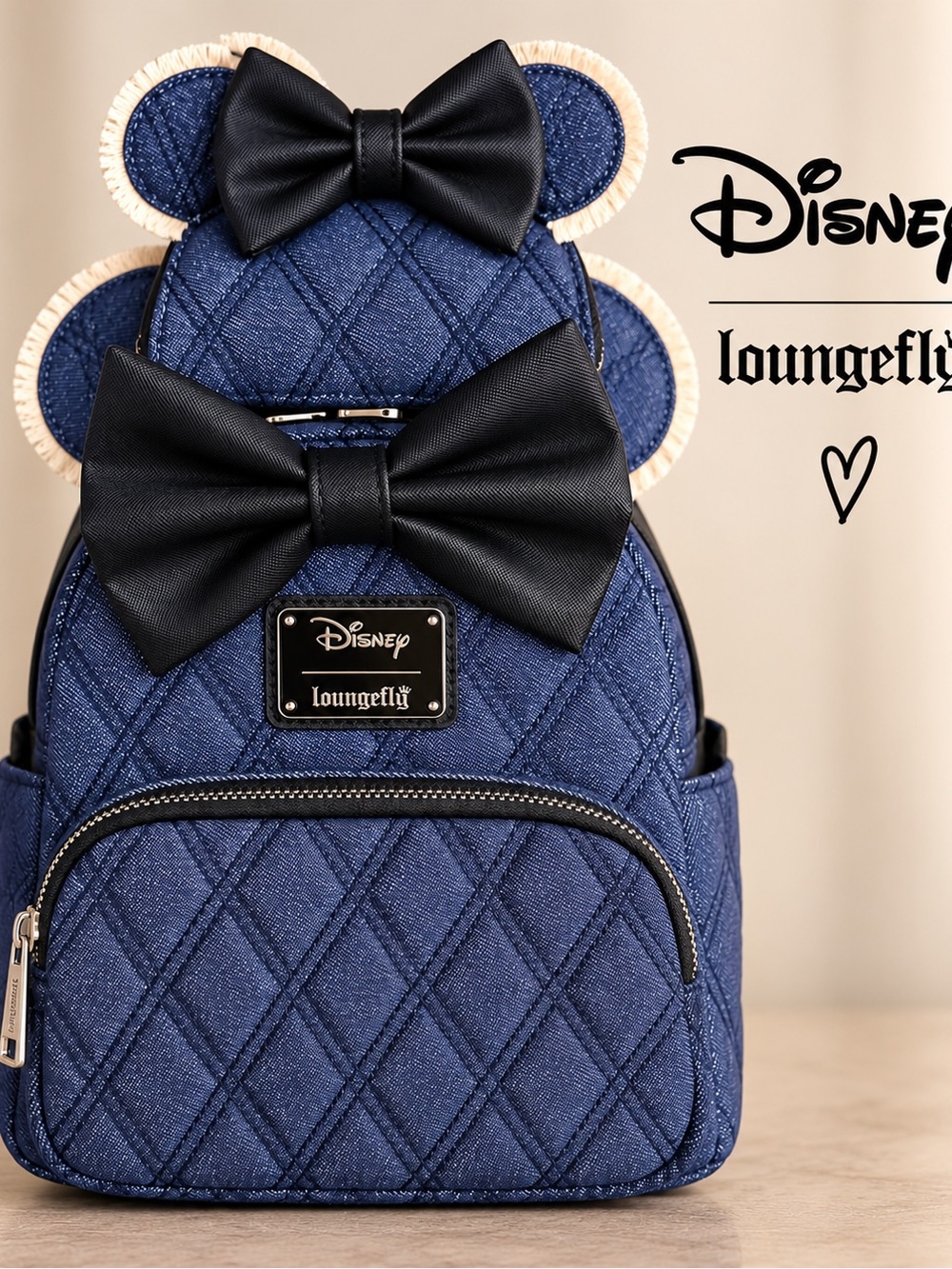 NWT Loungefly Disney Minnie Mouse Denim Quilted Mini Backpack & Matching Wallet